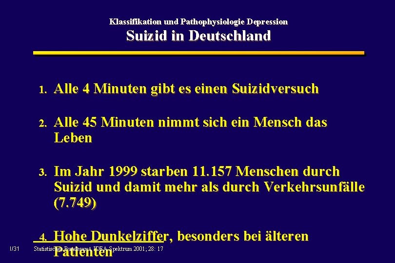 Klassifikation und Pathophysiologie Depression Suizid in Deutschland I/31 1. Alle 4 Minuten gibt es