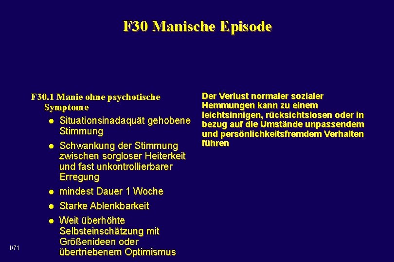 F 30 Manische Episode I/71 F 30. 1 Manie ohne psychotische Symptome l Situationsinadaquät