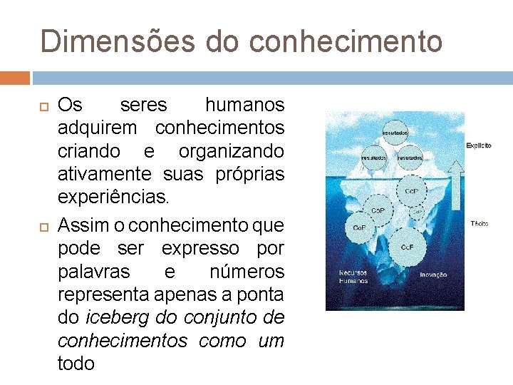 Dimensões do conhecimento Os seres humanos adquirem conhecimentos criando e organizando ativamente suas próprias