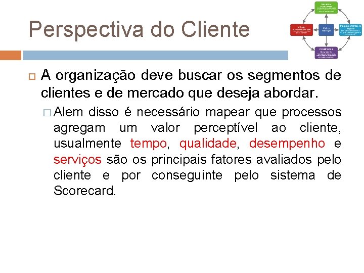 Perspectiva do Cliente A organização deve buscar os segmentos de clientes e de mercado