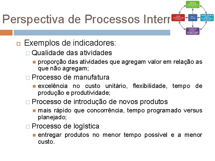 Perspectiva de Processos Internos Exemplos de indicadores: � Qualidade proporção das atividades que agregam