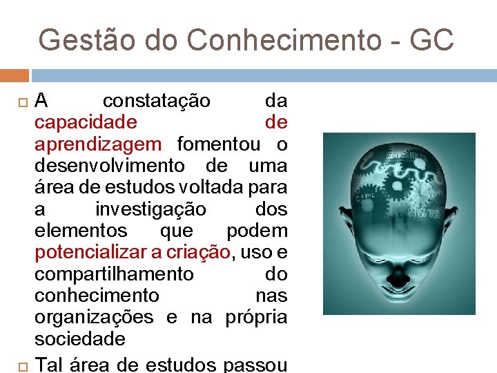 Gestão do Conhecimento - GC A constatação da capacidade de aprendizagem fomentou o desenvolvimento