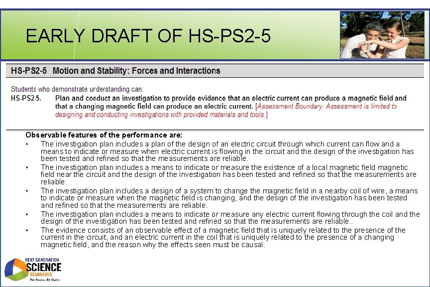 EARLY DRAFT OF HS-PS 2 -5 Observable features of the performance are: • The