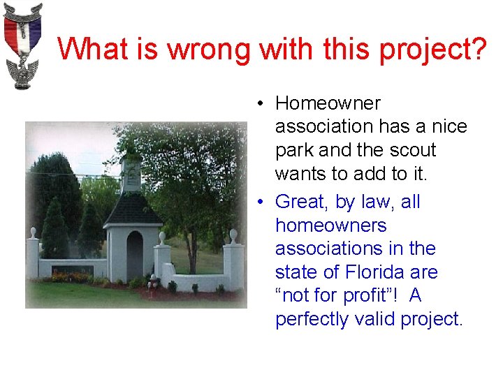 What is wrong with this project? • Homeowner association has a nice park and