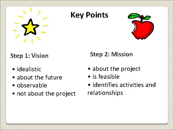 Key Points Step 1: Vision • idealistic • about the future • observable •