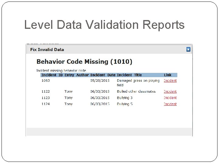 Level Data Validation Reports 
