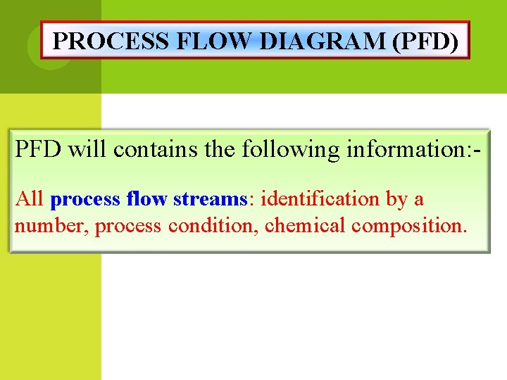 PROCESS FLOW DIAGRAM (PFD) PFD will contains the following information: All process flow streams: