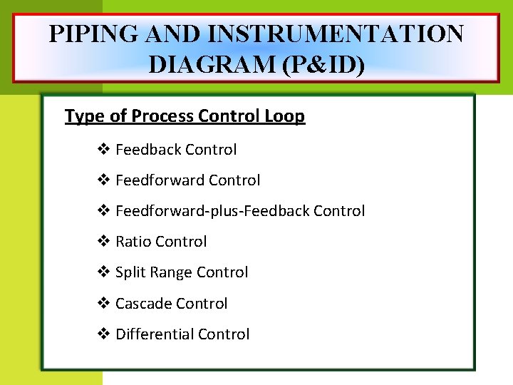 PIPING AND INSTRUMENTATION DIAGRAM (P&ID) Type of Process Control Loop v Feedback Control v