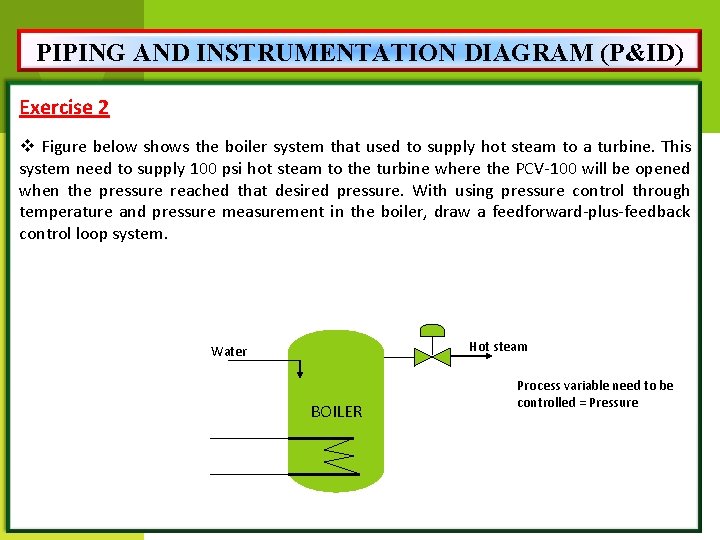 PIPING AND INSTRUMENTATION DIAGRAM (P&ID) Exercise 2 v Figure below shows the boiler system