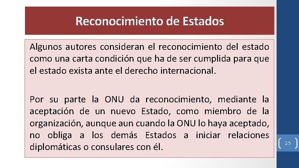 Reconocimiento de Estados Algunos autores consideran el reconocimiento del estado como una carta condición