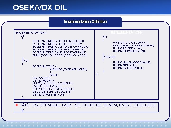 OSEK/VDX OIL Implementation Defintion IMPLEMENTATION Test { OS { BOOLEAN [TRUE, FALSE] STARTUPHOOK; BOOLEAN