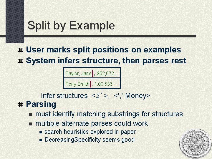 Split by Example User marks split positions on examples System infers structure, then parses