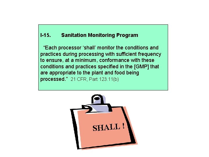 I-15. Sanitation Monitoring Program “Each processor ‘shall’ monitor the conditions and practices during processing