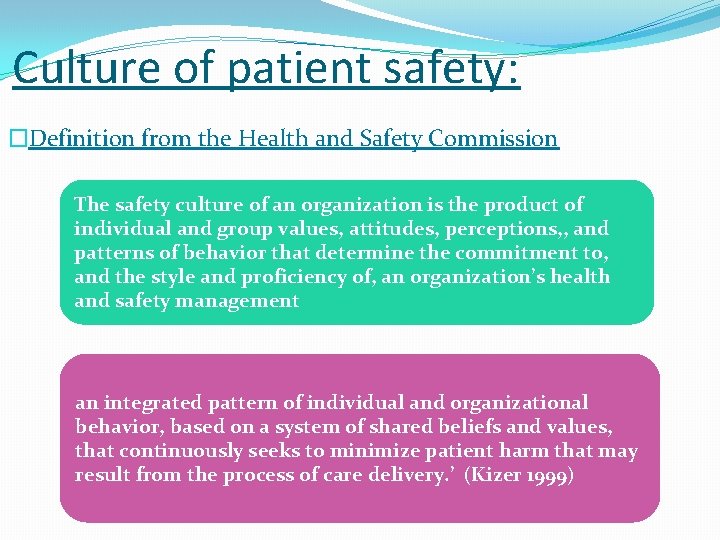 Culture of patient safety: �Definition from the Health and Safety Commission The safety culture