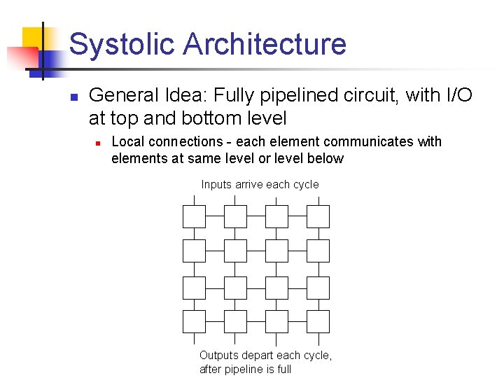 Systolic Architecture n General Idea: Fully pipelined circuit, with I/O at top and bottom