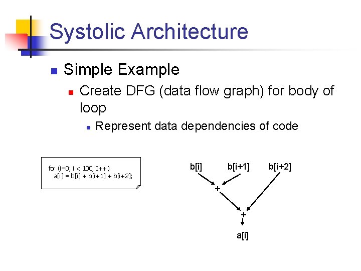 Systolic Architecture n Simple Example n Create DFG (data flow graph) for body of