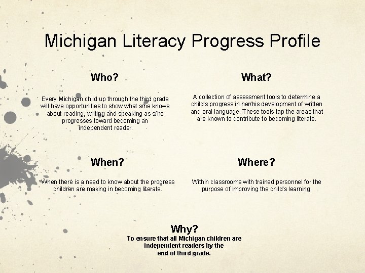 Michigan Literacy Progress Profile Who? What? Every Michigan child up through the third grade