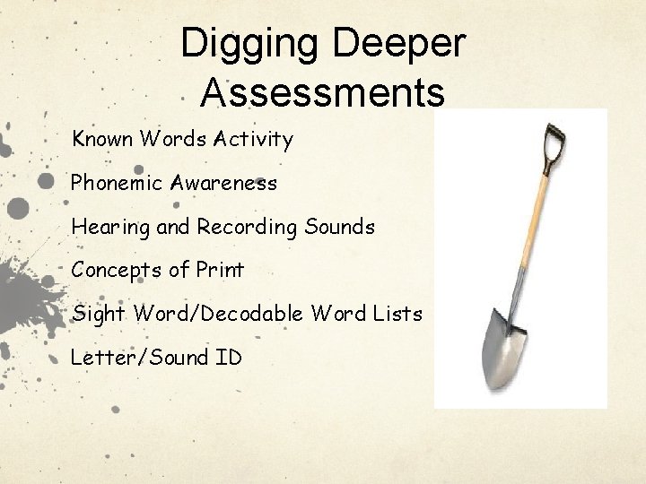 Digging Deeper Assessments Known Words Activity Phonemic Awareness Hearing and Recording Sounds Concepts of