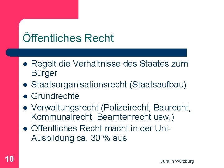 Öffentliches Recht l l l 10 Regelt die Verhältnisse des Staates zum Bürger Staatsorganisationsrecht