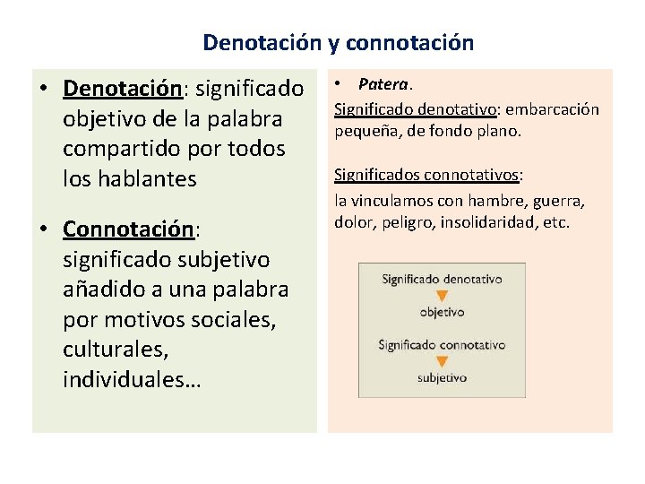 Denotación y connotación • Denotación: significado objetivo de la palabra compartido por todos los