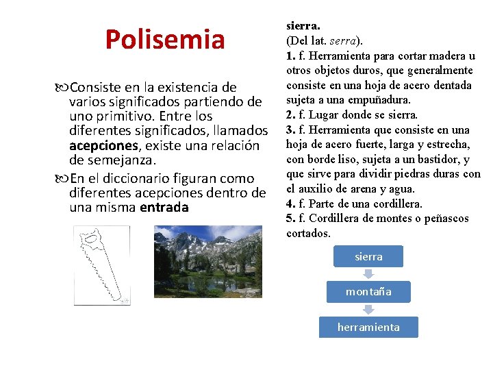 Polisemia Consiste en la existencia de varios significados partiendo de uno primitivo. Entre los