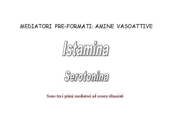 MEDIATORI PRE-FORMATI: AMINE VASOATTIVE Sono tra i primi mediatori ad essere rilasciati 