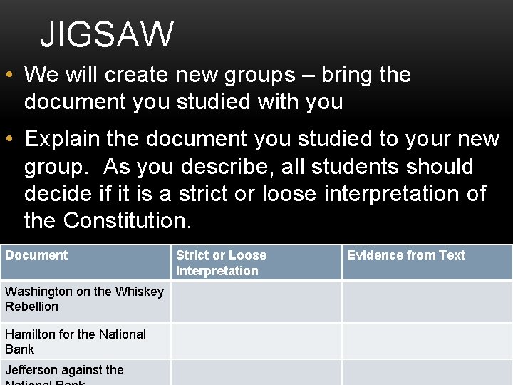 JIGSAW • We will create new groups – bring the document you studied with