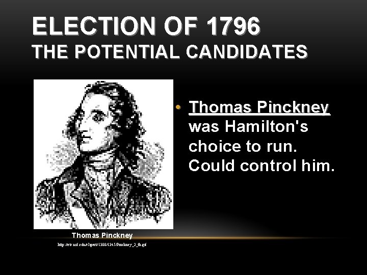 ELECTION OF 1796 THE POTENTIAL CANDIDATES • Thomas Pinckney was Hamilton's choice to run.