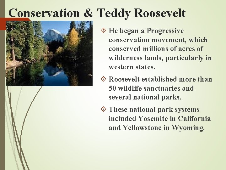 Conservation & Teddy Roosevelt He began a Progressive conservation movement, which conserved millions of