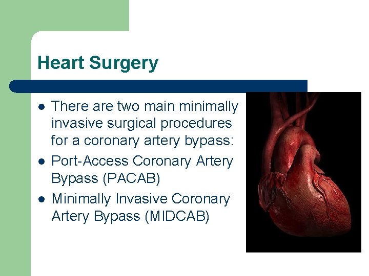 Heart Surgery l l l There are two main minimally invasive surgical procedures for