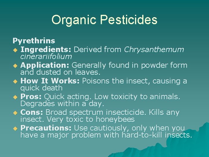 Organic Pesticides Pyrethrins u Ingredients: Derived from Chrysanthemum cinerariifolium u Application: Generally found in