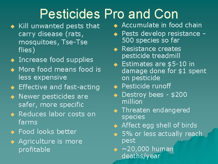 Pesticides Pro and Con u u u u Kill unwanted pests that carry disease