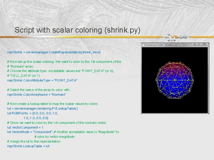 Script with scalar coloring (shrink. py) … repr. Shrink = servermanager. Create. Representation(shrink, view)