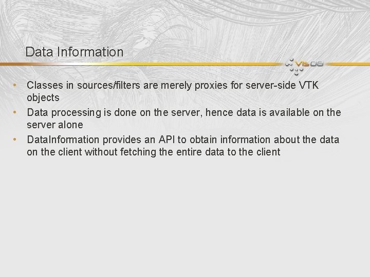 Data Information • Classes in sources/filters are merely proxies for server-side VTK objects •