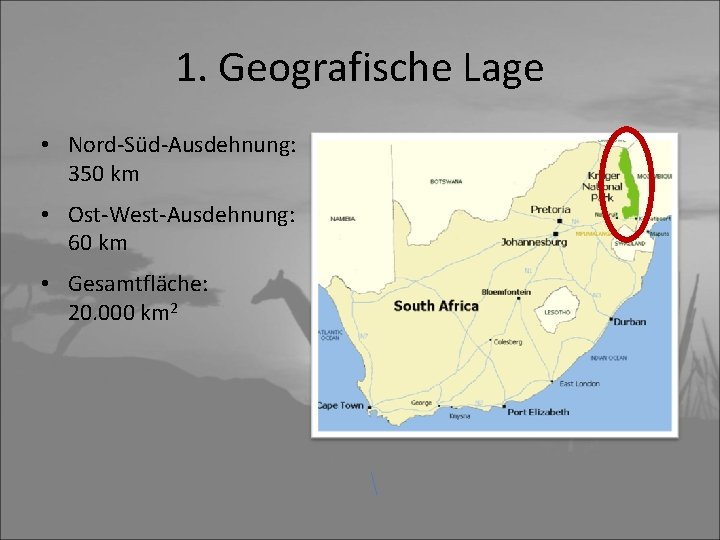 1. Geografische Lage • Nord-Süd-Ausdehnung: 350 km • Ost-West-Ausdehnung: 60 km • Gesamtfläche: 20.