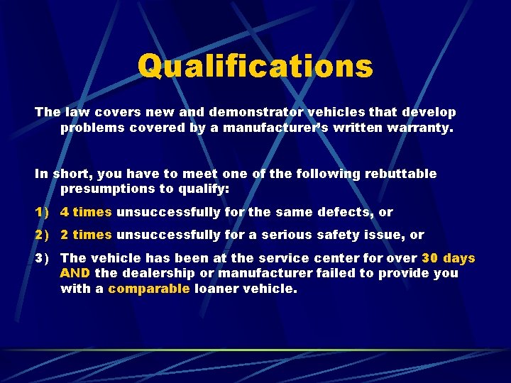 Qualifications The law covers new and demonstrator vehicles that develop problems covered by a