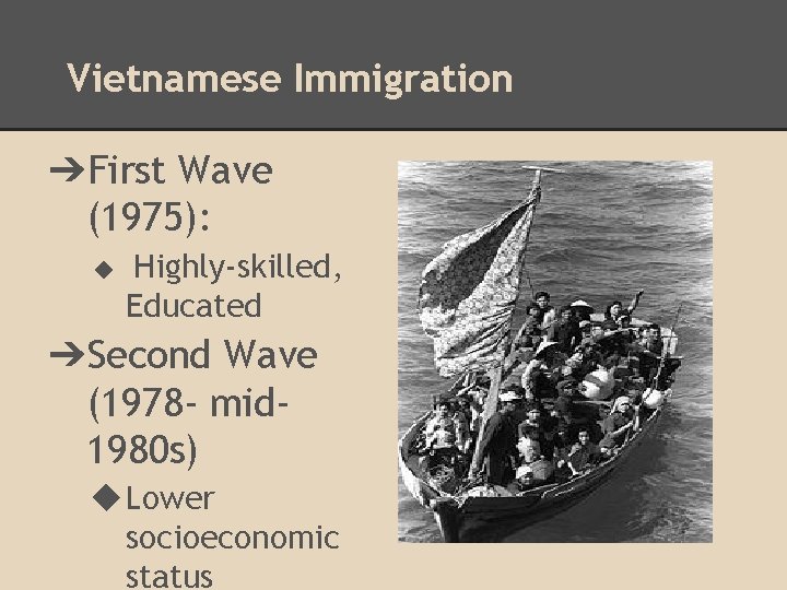 Vietnamese Immigration ➔First Wave (1975): ◆ Highly-skilled, Educated ➔Second Wave (1978 - mid 1980