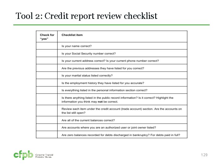 Tool 2: Credit report review checklist 129 