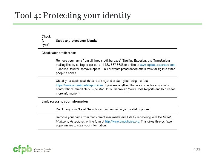 Tool 4: Protecting your identity 133 