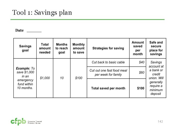 Tool 1: Savings plan 142 