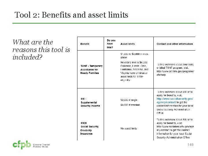 Tool 2: Benefits and asset limits What are the reasons this tool is included?