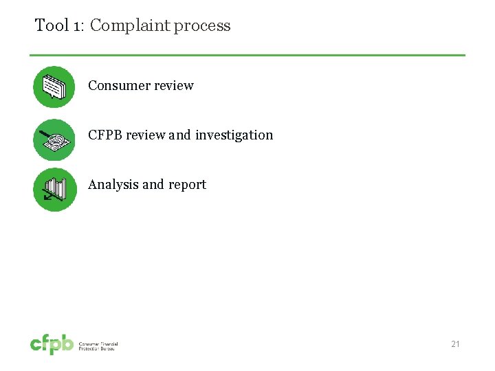 Tool 1: Complaint process § Consumer review § CFPB review and investigation § Analysis