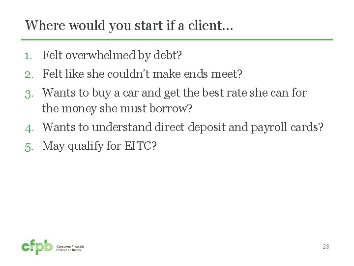 Where would you start if a client… 1. Felt overwhelmed by debt? 2. Felt