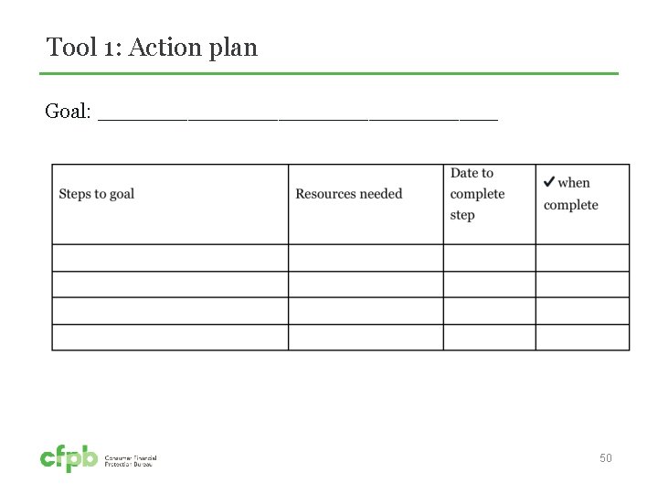 Tool 1: Action plan Goal: ________________ 50 