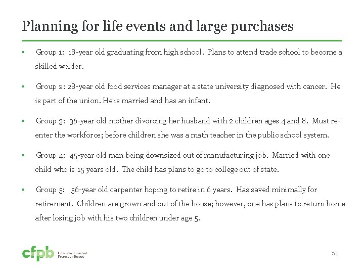 Planning for life events and large purchases § Group 1: 18 -year old graduating