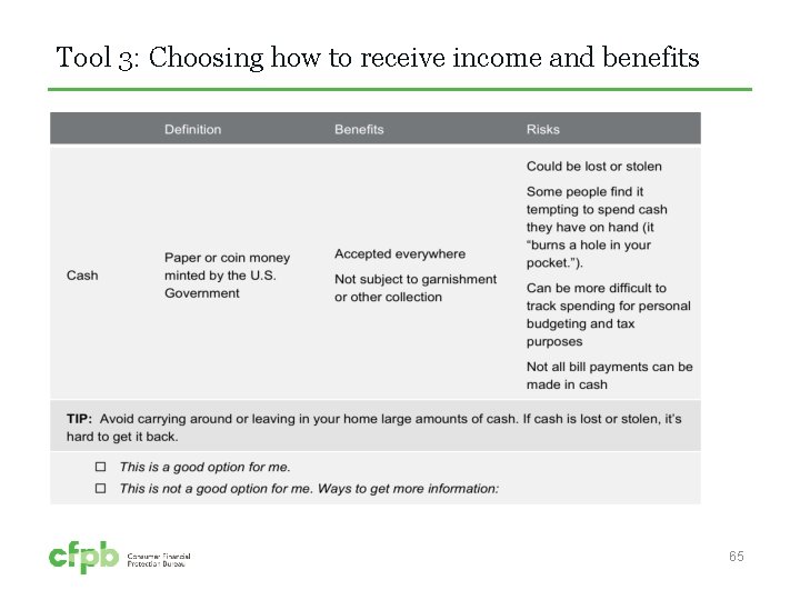 Tool 3: Choosing how to receive income and benefits 65 