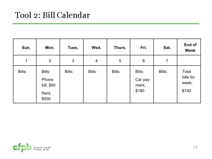 Tool 2: Bill Calendar 74 