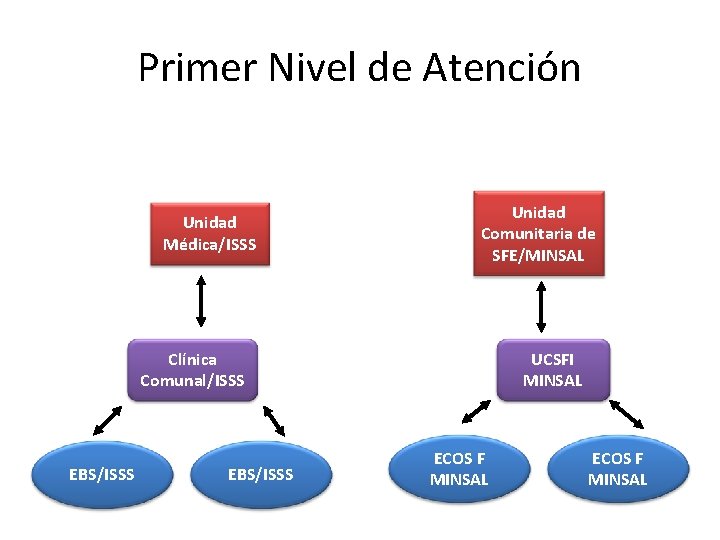 Primer Nivel de Atención Unidad Médica/ISSS Unidad Comunitaria de SFE/MINSAL Clínica Comunal/ISSS EBS/ISSS UCSFI