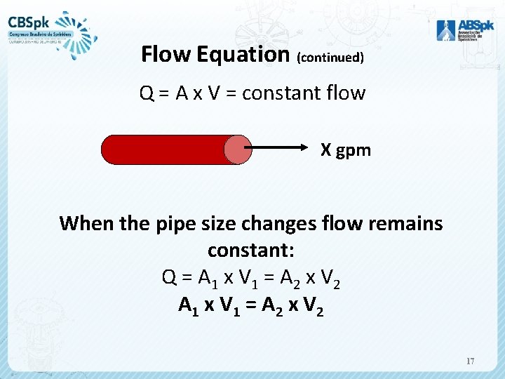 Flow Equation (continued) Q = A x V = constant flow X gpm When