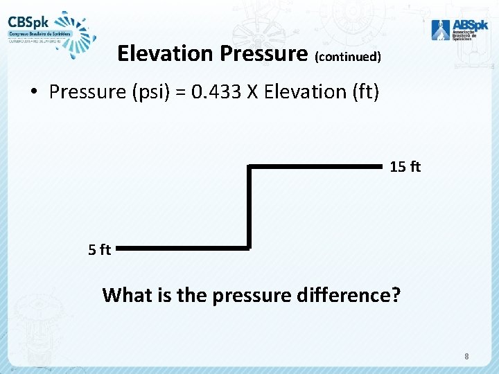 Elevation Pressure (continued) • Pressure (psi) = 0. 433 X Elevation (ft) 15 ft